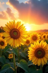 Obraz premium Vibrant sunflowers bask in the warm glow of a breathtaking sunrise, their faces turned towards the golden light A picturesque scene of nature's beauty at its finest , serenity, leaves