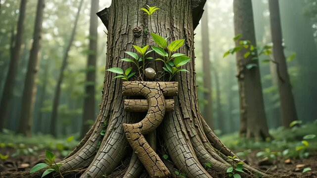 Rupee symbol as a growing tree trunk, representing organic economic growth, financial maturity, and sustainable wealth