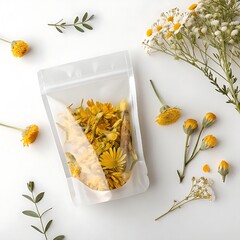 A clear resealable bag filled with vibrant dried yellow flowers, surrounded by fresh blooms and greenery on a pristine white surface.