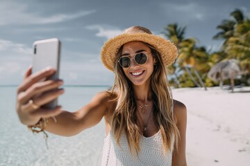Female influencer taking a selfie on a tropical beach, enjoying vacation, social media content creation.