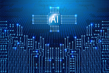 Electronics circuit with binary code. Futuristic digital design, world of artificial intelligence and digital technology for banners, tech backgrounds and innovative branding.