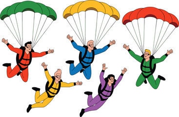 Group of five diverse skydivers with colorful parachutes enjoying thrilling freefall adventure in clear sky outdoor extreme sport flat vector illustration