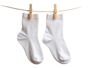 White Crew Socks Hanging on Clothespins, Minimal Style Isolated PNG