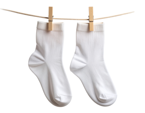 White Crew Socks Hanging on Clothespins, Minimal Style Isolated PNG