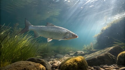 Fototapeta premium Realistic Silver Carp Swimming Near Riverbank in Freshwater HabitatRealistic Silver Carp Swimming Near Riverbank in Freshwater Habitat