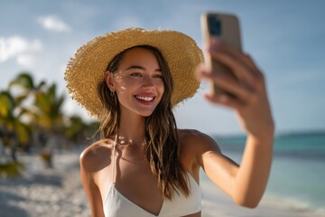 Female influencer taking a selfie on a tropical beach, enjoying vacation, social media content creation.
