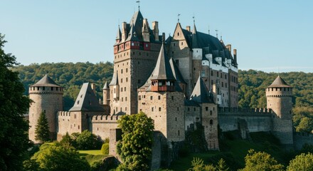 Naklejka premium Majestic medieval castle perched atop a verdant hill, showcasing its imposing stone architecture and numerous towers