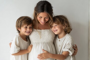 Lovely children touching mother pregnant belly. Happy little siblings feeling baby at mother tummy.