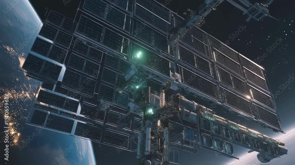 Poster advanced space station with expansive solar panels gliding through low earth orbit, displaying soft 
