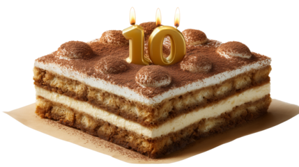 Celebratory tiramisu cake with 10th birthday candles food photography transparent background studio setting