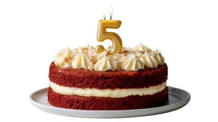 Celebratory red velvet cake with number 5 candle transparent background sweet treat dessert close-up view