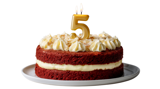 Celebratory red velvet cake with number 5 candle transparent background sweet treat dessert close-up view
