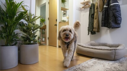 Happy dog walking indoors with planters and cozy dog bed in modern hallway