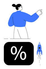 Woman pointing forward, percentage symbol and rocket illustrating business growth, development, and innovation. Ideal for finance, success, planning, investment, startups leadership flat simple