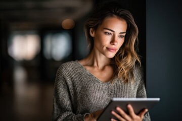 Software, coding and business woman on tablet thinking of data analytics, digital technology.