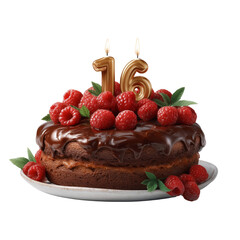 Celebratory 16th birthday cake with raspberries transparent background delicious dessert sweet treat festive atmosphere