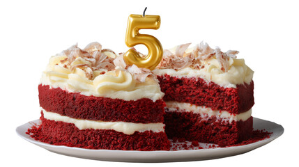 Celebratory five-year-old red velvet cake studio setting dessert photography transparent background creative concept