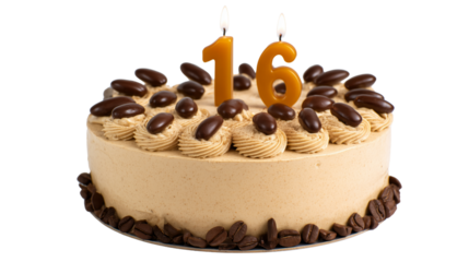 Celebratory 16th birthday cake transparent background dessert photography festive setting close-up view