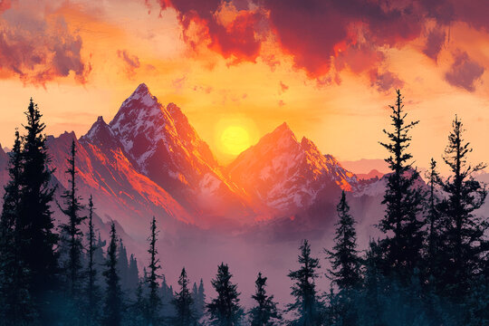 Sunset mountain view for inspirational quote layout