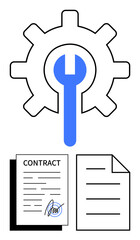 Obraz premium Gear with wrench symbolizing optimization above signed contract and blank sheet. Ideal for business, automation, management, agreement, tools, repair, optimization. Flat simple metaphor