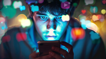 Young man's face illuminated by smartphone screen glow with colorful bokeh lights reflecting digital addiction and compulsive mobile device usage behavior