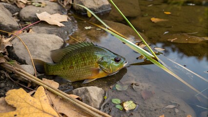 Fototapeta premium Green Sunfish Hiding Among Reeds in Shallow Freshwater Lake