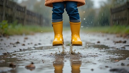 Little feet in rain boots leap over water in the rain.

