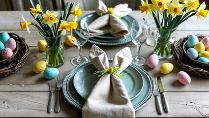 Rustic Easter table setting with bunny ear napkins, daffodils and pastel eggs in wicker baskets