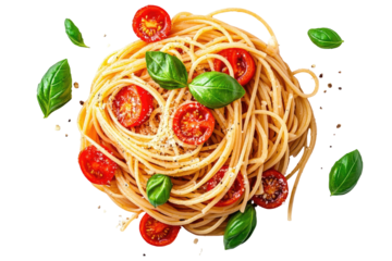 A vibrant heap of spaghetti tossed with cherry tomatoes and basil