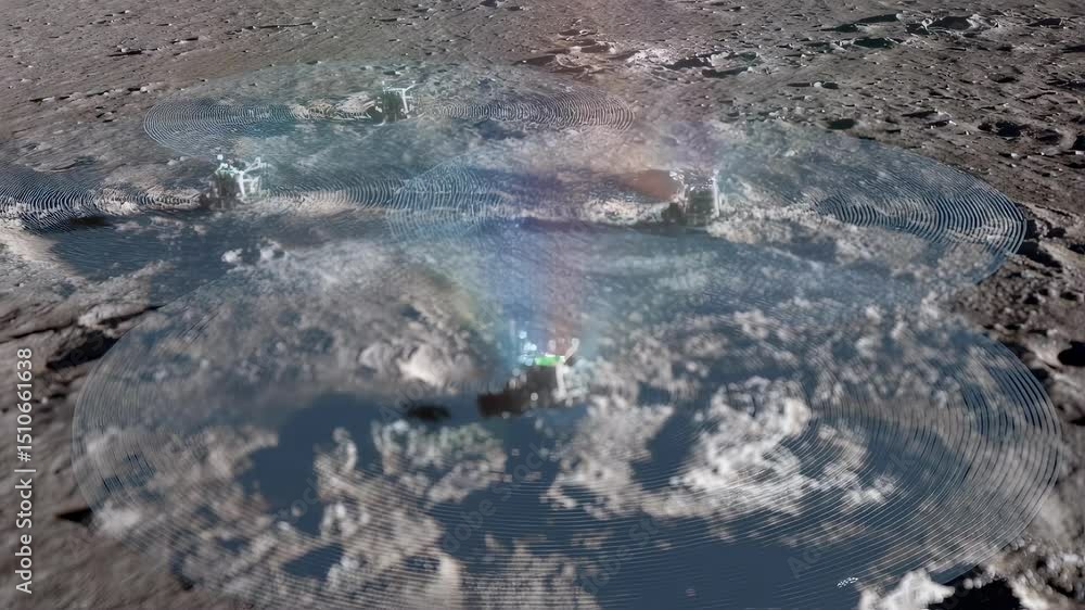 Poster advanced lunar rammers generating low frequency sound waves, creating vibrating ripples through moon