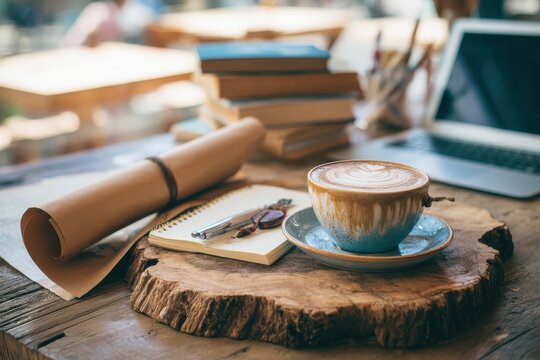 Cozy workspace with latte art coffee, notebooks, vintage pen, stacks of books, laptop and rustic wood table, a perfect setting for creative inspiration and productivity
