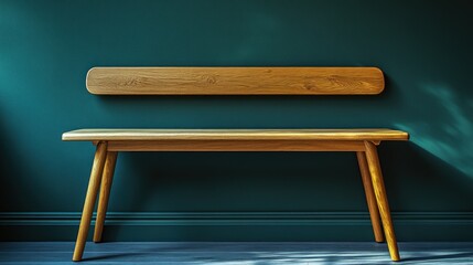Wooden bench against teal wall