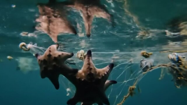 starfish trapped on net fish on the sea