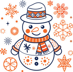 Cute Snowman with Snowflakes and Stars in Green and Blue Colors
