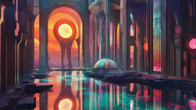 other worldly sci-fi fantasy futuristic sanctuary with circle light glowing reflecting on water surface