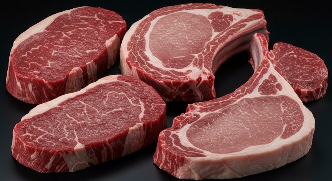 Assortment of raw, fresh cuts of beef and pork showcased. Various steaks and chops are arranged close-up