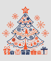 Simple Outline of a Christmas Tree with Star and Decorations