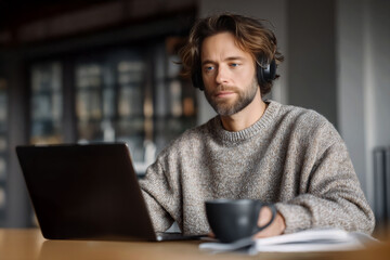 Caucasian man with headphones holding mug while working on laptop at home