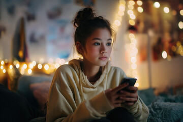 Asian teenage girl using smartphone on bed with cozy lights at night