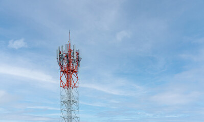 Telecommunication tower or Mobile phone tower with 5G cellular network . Global connection and internet network concept.