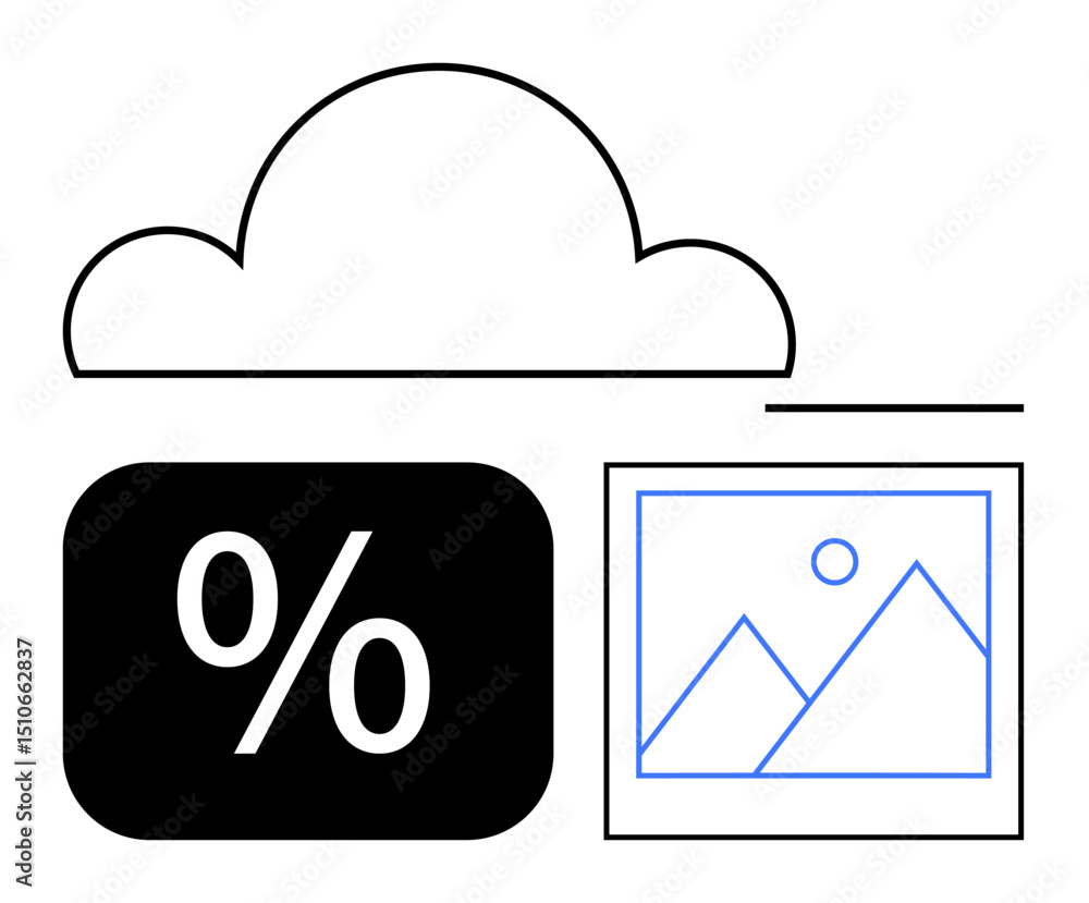 Poster cloud above a percentage icon and image outline illustrating data storage, cloud computing, analysis