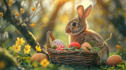 Springtime Bunny with Colorful Easter Eggs in Sunlit Garden of Blossoms and Greenery