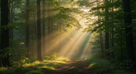 Sunbeams pierce a misty forest, illuminating a path through lush green foliage and tall trees