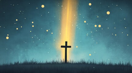Fototapeta premium Ethereal Cross Silhouette, a Christian cross stands against a dark sky, vibrant yellow light beams down, glowing highlights enhance its presence.
