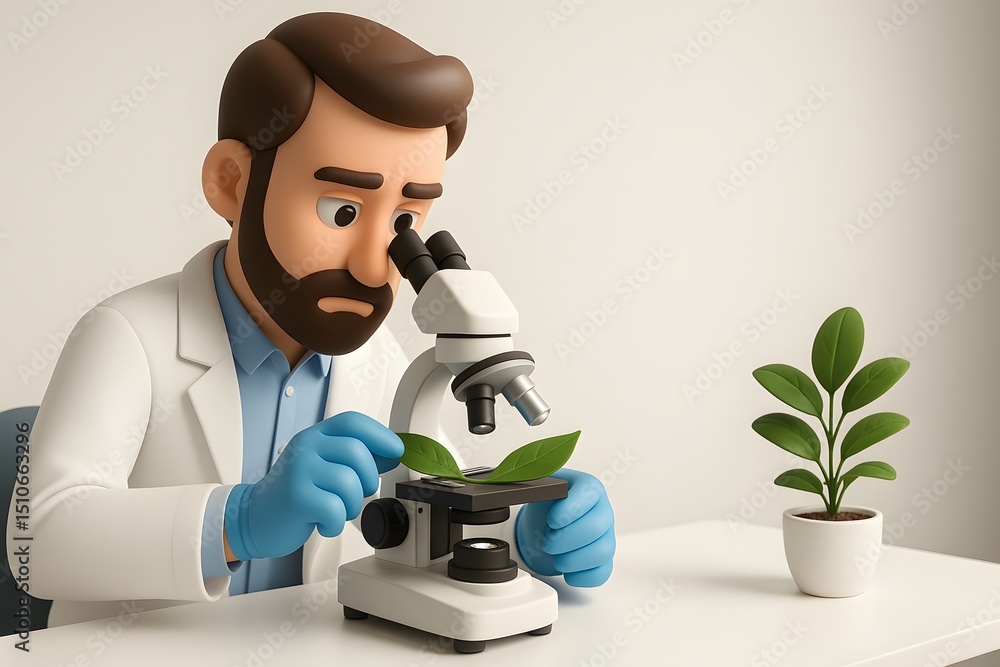 Poster scientist observing leaves under microscope in modern laboratory