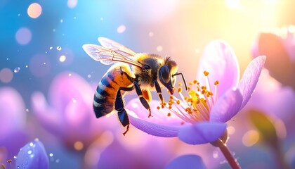 Naklejka premium Fantasy Bee on Flower with Colorful Background