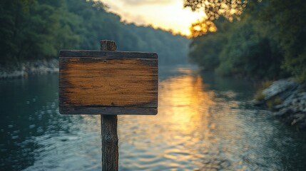 Wooden sign by a river at sunset