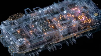 Cold spray process progressively layering protective coating over exposed circuitry of transparent, damaged nanosatellite, rebuilding electronic components against black background - Powered by Adobe