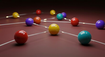 Obraz premium A network of colorful spheres connected by glowing lines against a dark red backdrop, resembling a complex diagram