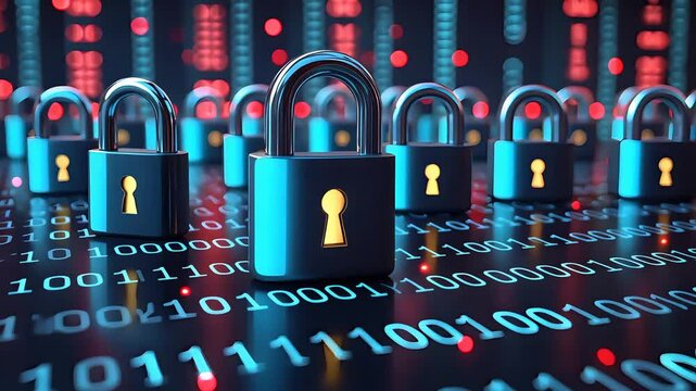 Row of Digital Padlocks with Glowing Keys on Binary Code Background in Dark Cyber Security Setup